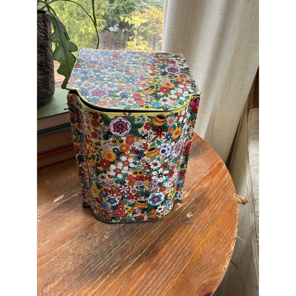 Vintage Floral Metal Tin Canister Slanted Hinged Lid Yellow Multicolored Retro